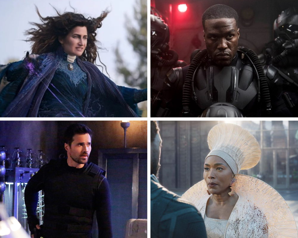 Four photos in a square. Clockwise: Kathryn Hahn ’01 in WandaVision, Yahya Abdul-Mateen II ’15 in Aquaman, Angela Bassett ’83, YC ’80, HON ’18 in Black Panther, and Brett Dalton ’11 in Agents of S.H.I.E.L.D. 