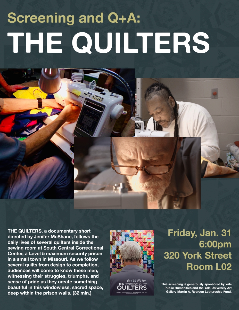 poster for The Quilters featuring images of men sewing quilts inside a prison