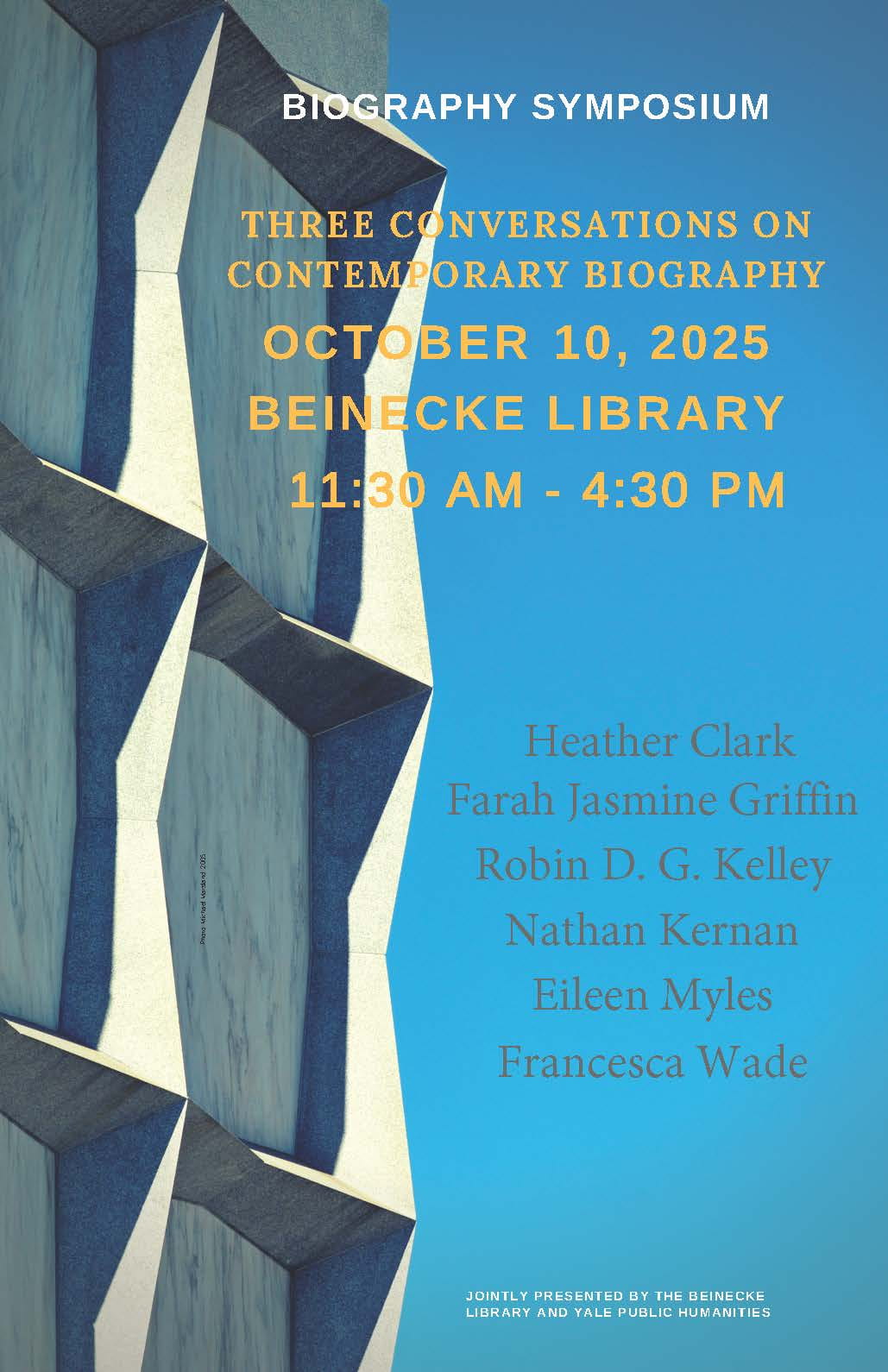 poster featuring the facade of beinecke library with event related captions overlaid