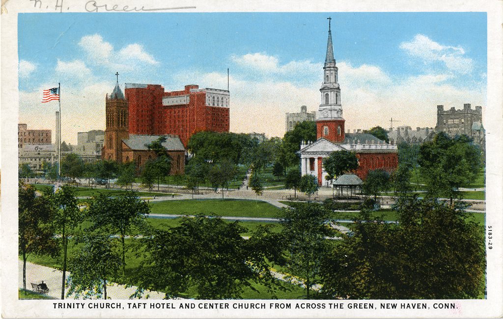 Trinity Church, Taft Hotel and Center Church from across the Green, New Haven, Conn