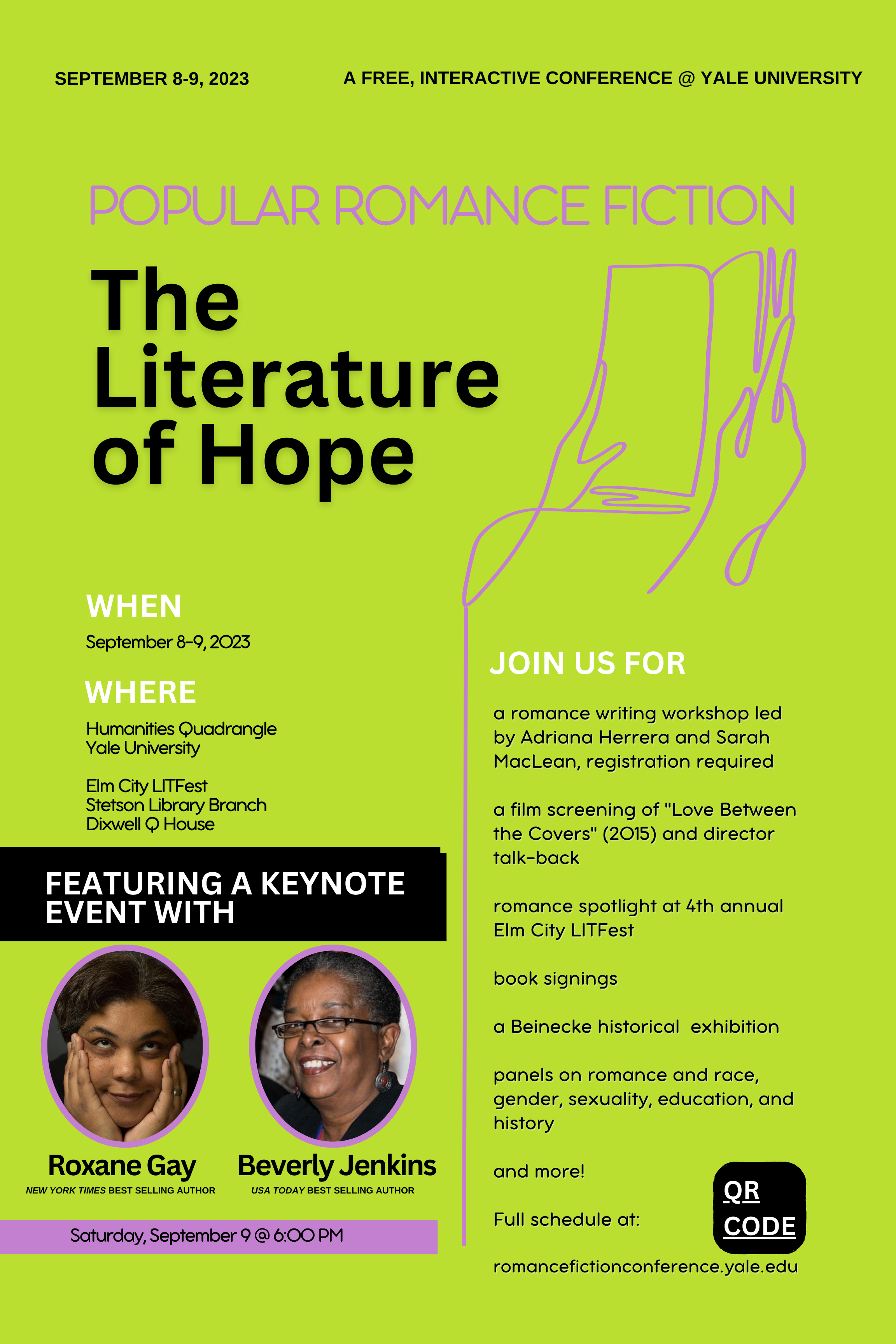 poster for The Literature of Hope conference featuring a pink illustration of hands holding a book over a lime green background, with text about the event details and speakers