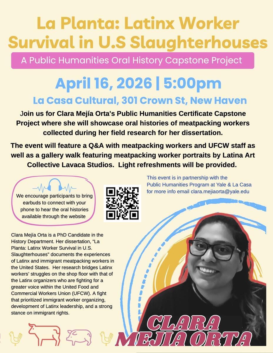 colorful poster with photo of Clara Mejia Orta and event info