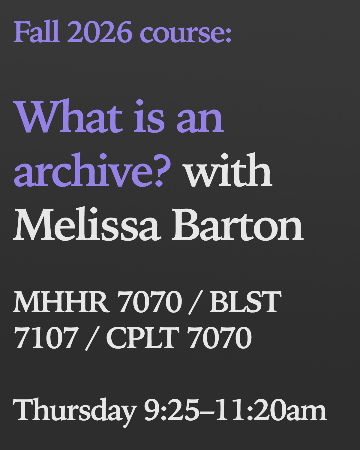 simple graphic with program details in purple and white text on grey background