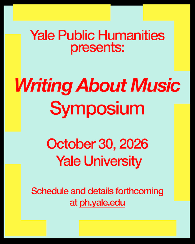 geometric poster with event info in red over teal and yellow shapes